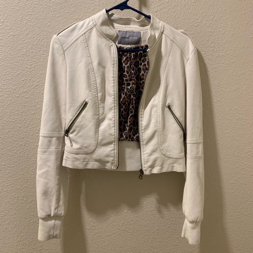 White Leather Cropped Jacket